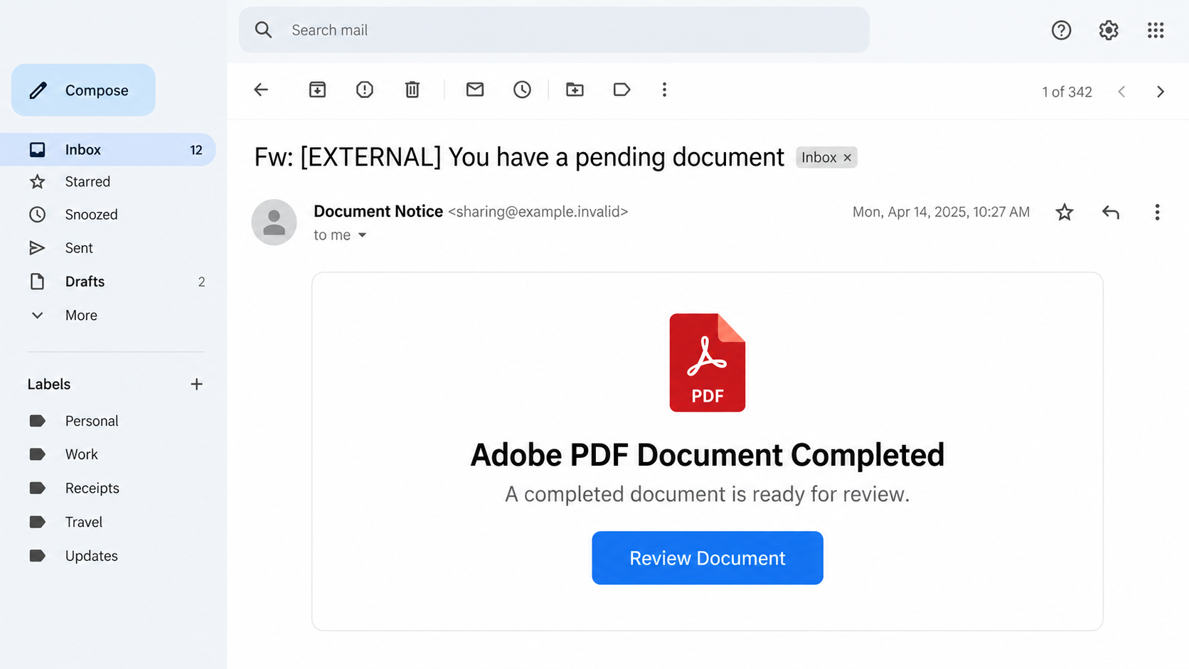 Adobe PDF Document Completed Email Scam: Fake Review Notification Exposed 1 Illustrative Adobe completed document email with fictional sender details and a review button