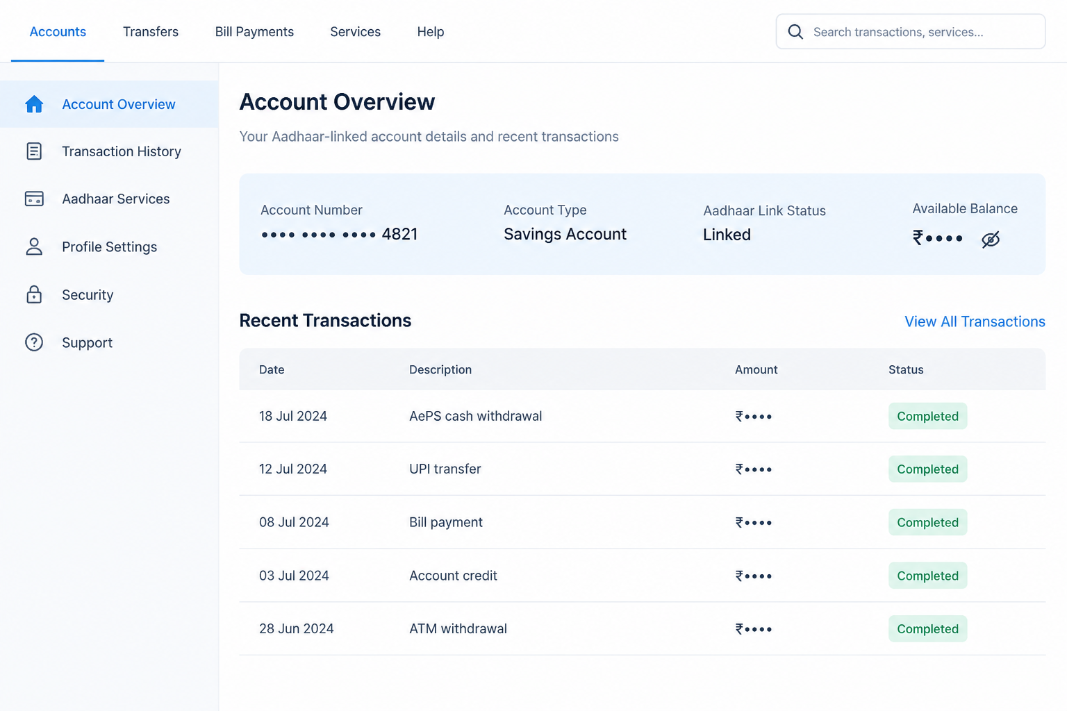 Illustrative flat-screen bank transaction view showing an unauthorized AePS cash withdrawal
