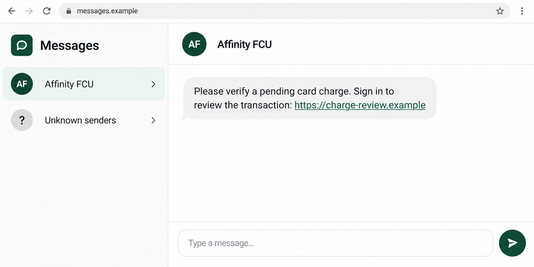 Affinity FCU Text Scam: The Fake Charge Alert That Steals Banking Access 1 Illustrative Affinity FCU impersonation text asking the recipient to sign in through a fictional charge-review link