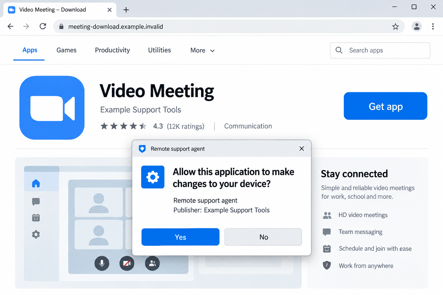 AgtaBackup RAT Removal Guide: Fake Meeting Downloads and Hidden Control 1 Illustrative meeting app download page unexpectedly presenting a remote support agent installation prompt