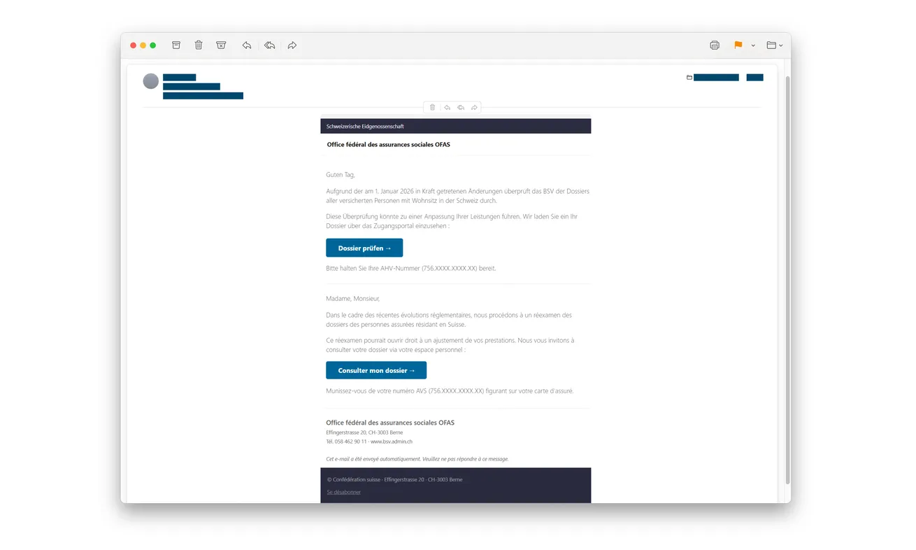 Fraudulent bilingual BSV email inviting recipients to check an AHV benefits dossier