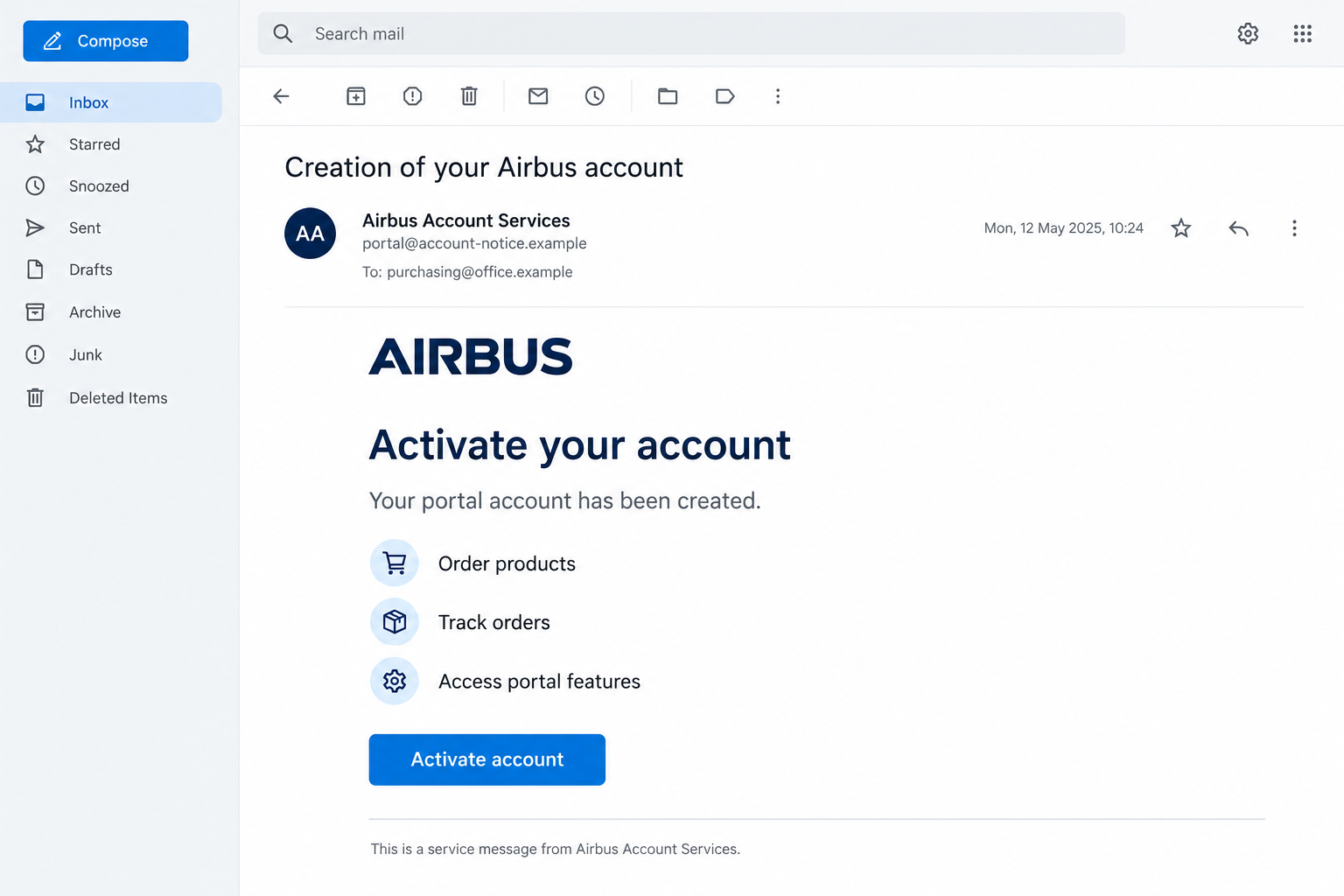 Illustrative Airbus account creation email offering ordering, tracking, and an Activate account button