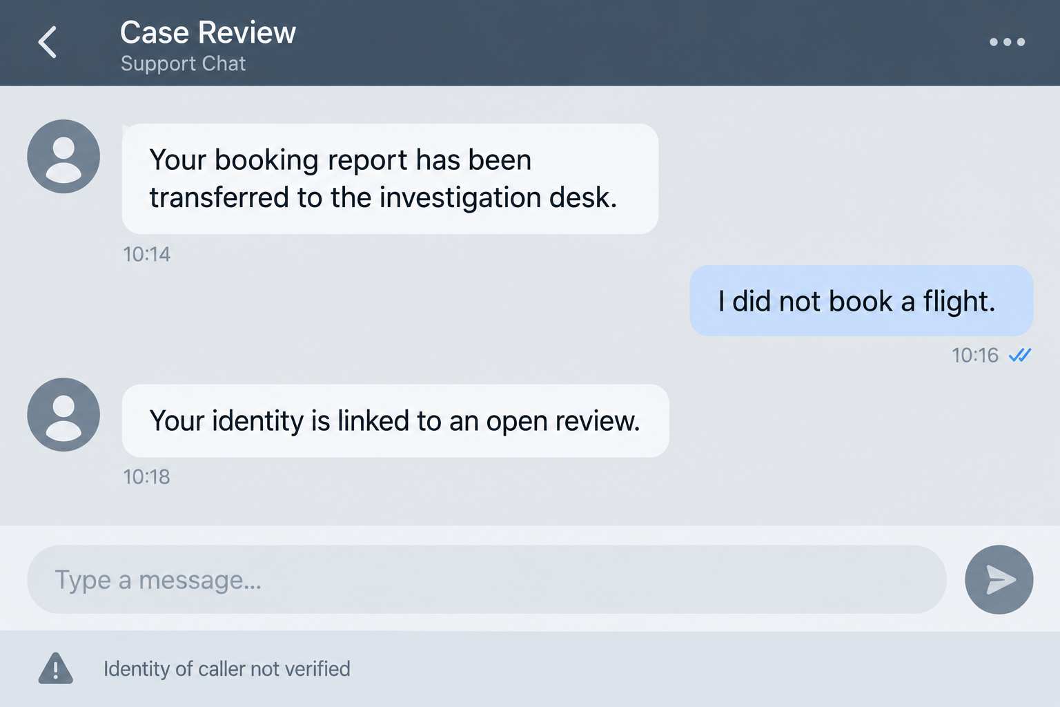 Illustrative chat reconstruction showing an unfamiliar booking report turning into an unverified investigation