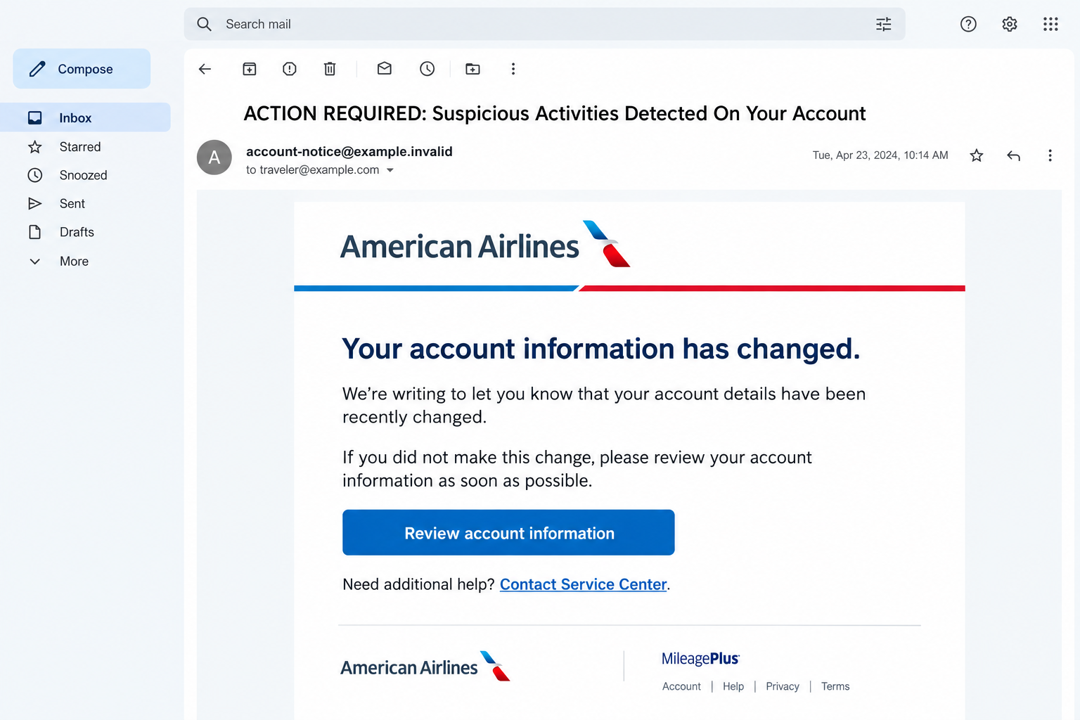 American Airlines Account Changed Email Scam: Fake AAdvantage Login Trap 1 Illustrative American Airlines account-information email with a review button and a mismatched MileagePlus footer