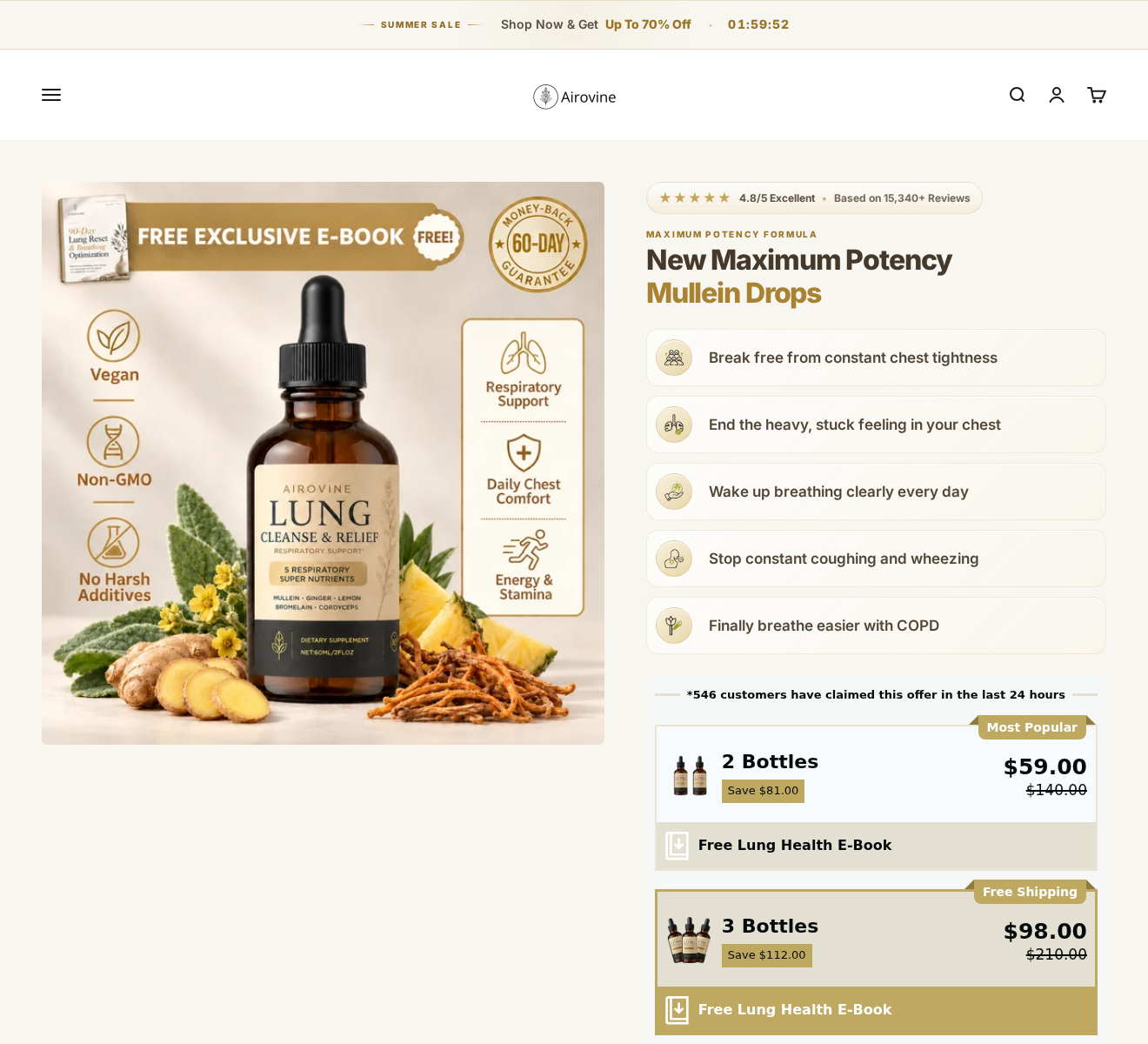 Airovine Lung Cleanse & Relief: Scam or Legit? The Breathizen Redirect 2 Separate Airovine store showing COPD-focused claims and two-bottle and three-bottle offers