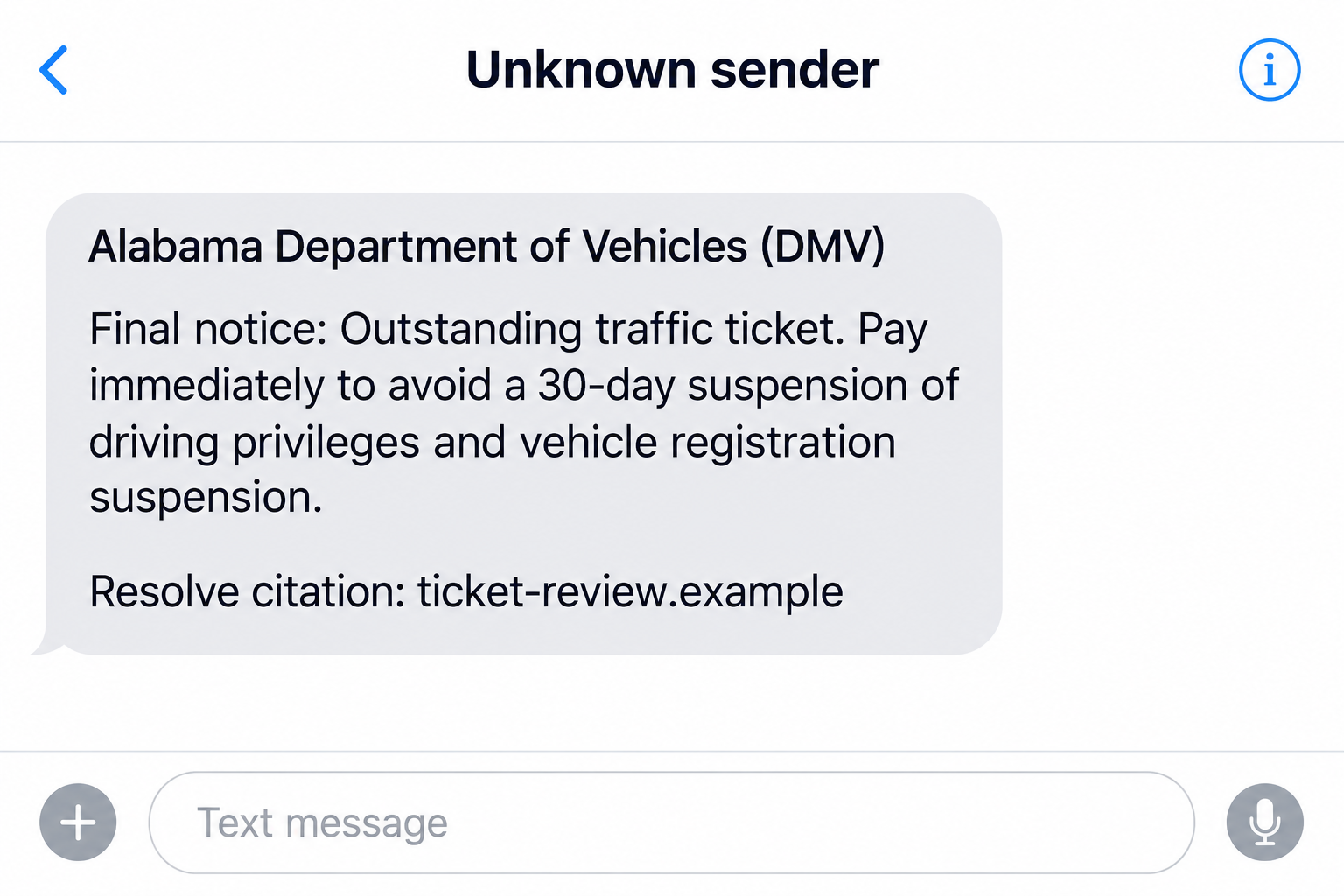 Illustrative fake Alabama Department of Vehicles text demanding ticket payment and threatening driving and registration suspension, with a nonfunctional example address