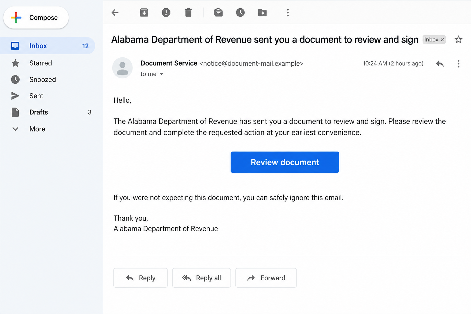 Fictional flat-screen e-signature email claiming an Alabama revenue document awaits review