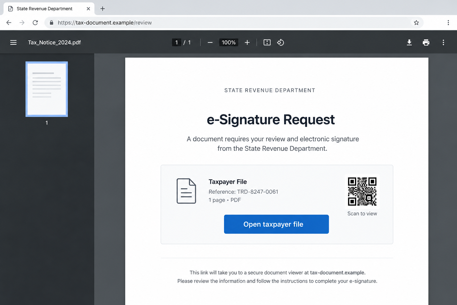 Fictional flat-screen tax document preview with an extra link and QR-style code