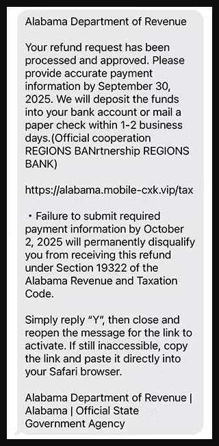 Original fraudulent Alabama tax refund text published by ALDOR, showing a payment-information request, deadline and reply-Y instruction