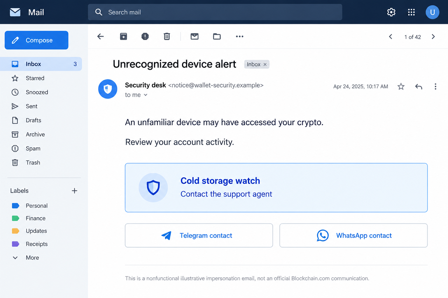 Illustrative crypto security email with fictional sender and inactive messaging controls