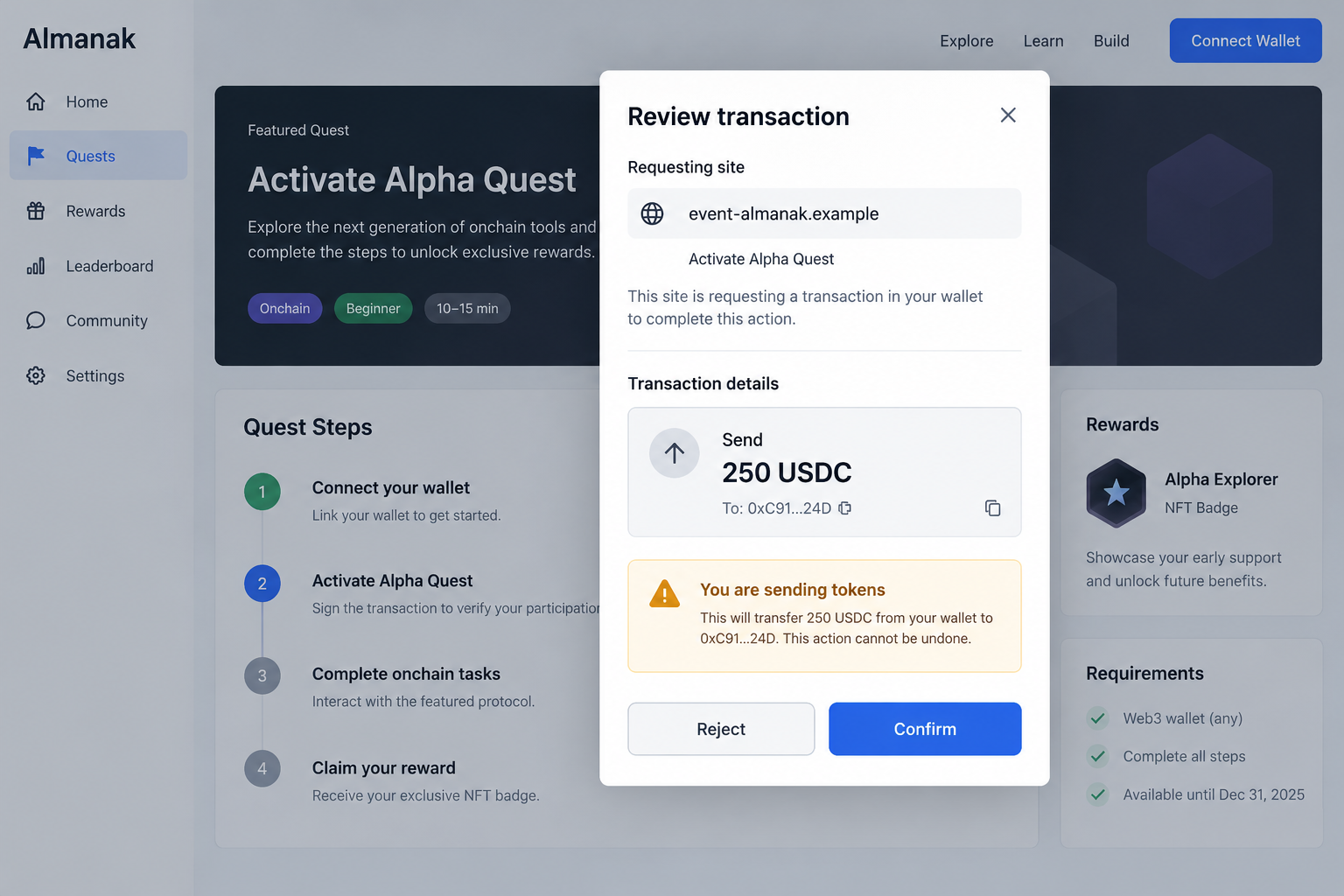 Almanak Staking Launch Scam Exposed: Fake Alpha Quests and Wallet Theft 2 Hypothetical wallet transaction for a fake Alpha Quest showing a token transfer inconsistent with a participation badge