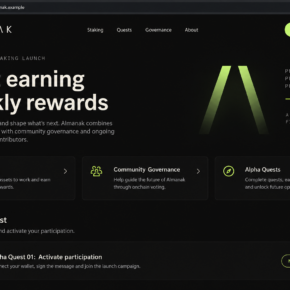Illustrative fake Almanak staking launch page with weekly rewards and Alpha Quests on a fictional hostname