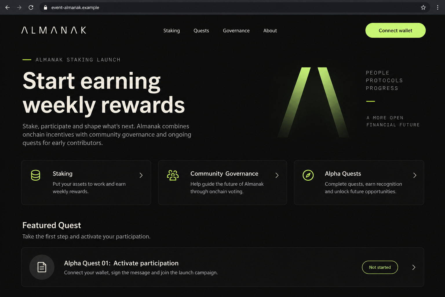 Almanak Staking Launch Scam Exposed: Fake Alpha Quests and Wallet Theft 1 Illustrative fake Almanak staking launch page with weekly rewards and Alpha Quests on a fictional hostname
