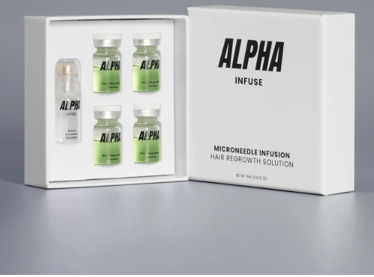 AlphaInfuse micro-infusion applicator and green serum vials shown on its product page