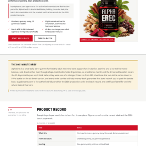 An AlphaErec-branded sales page claiming an authorized portal and displaying gummy bottles