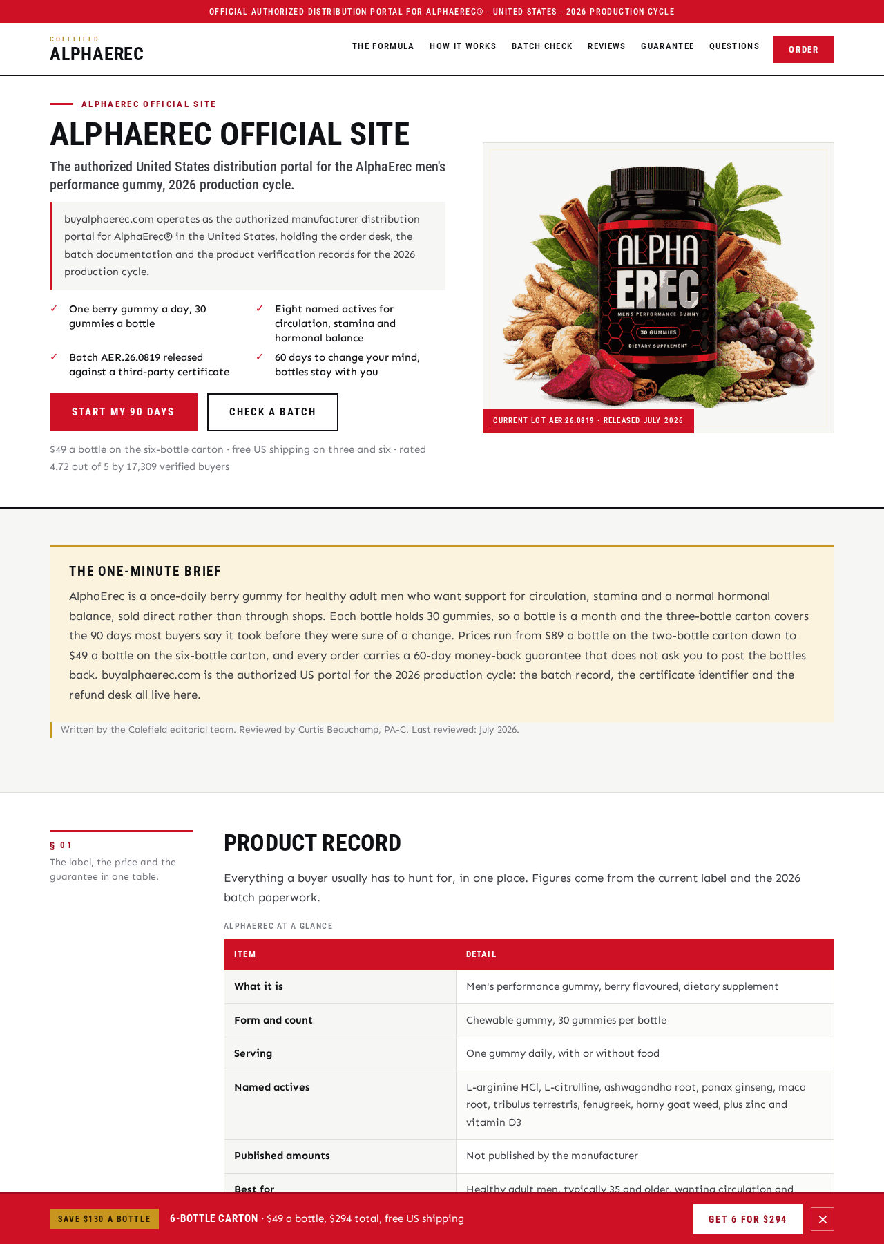 An AlphaErec-branded sales page claiming an authorized portal and displaying gummy bottles