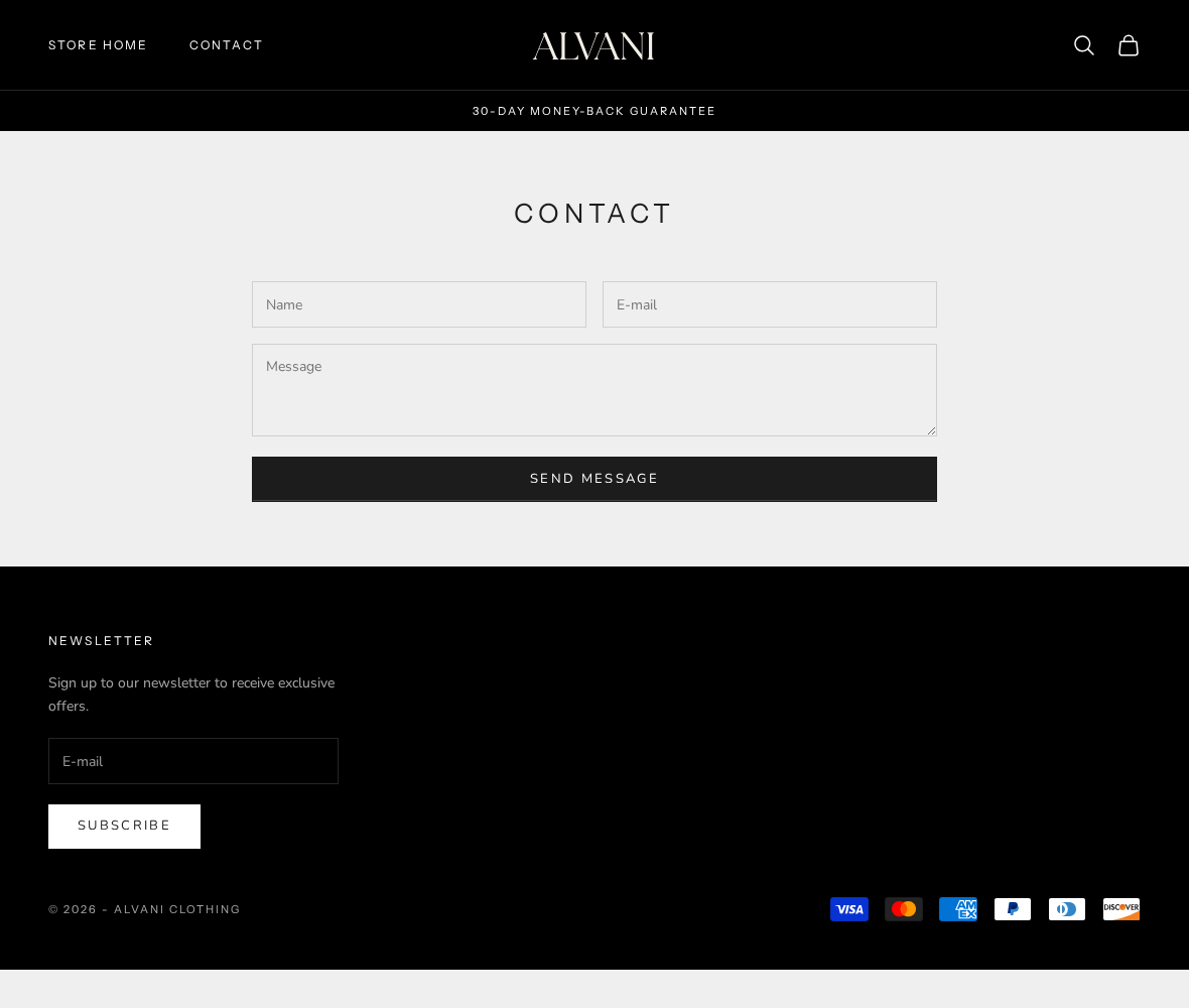 Alvani Clothing contact form beneath the 30 day money back guarantee without a visible return procedure