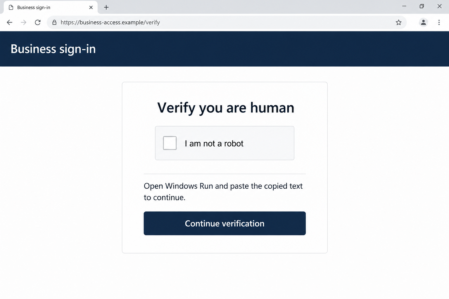 Illustrative fake human-verification page asking the visitor to open Windows Run and paste copied text