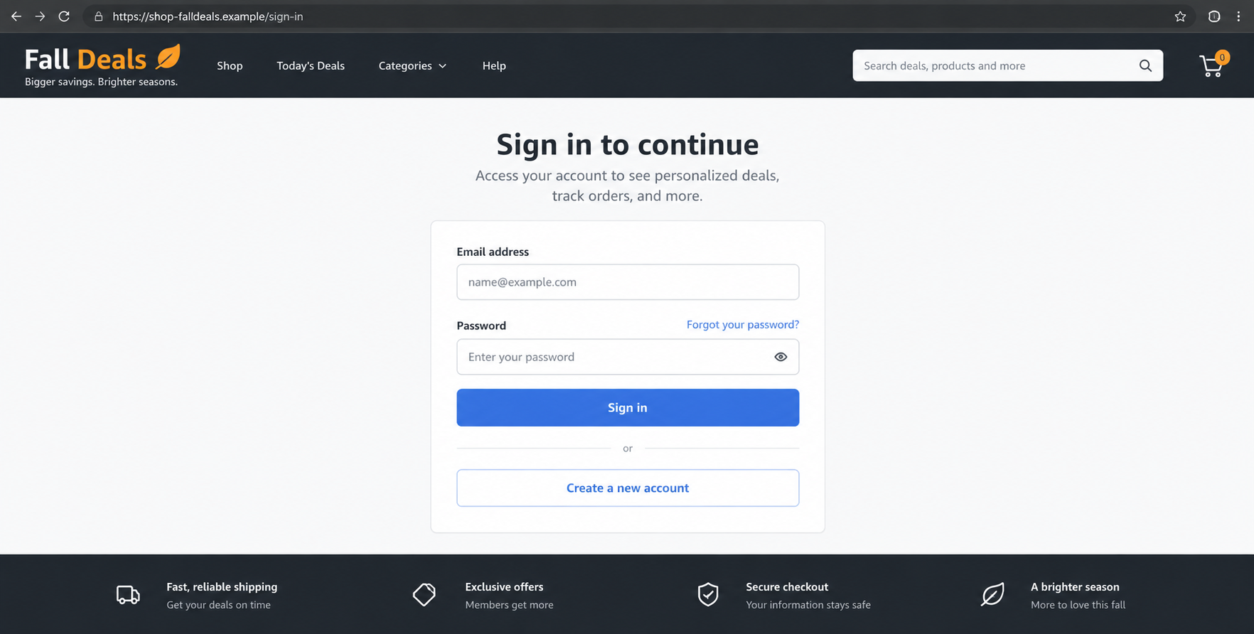 Illustrative counterfeit shopping account sign-in page on a fictional domain