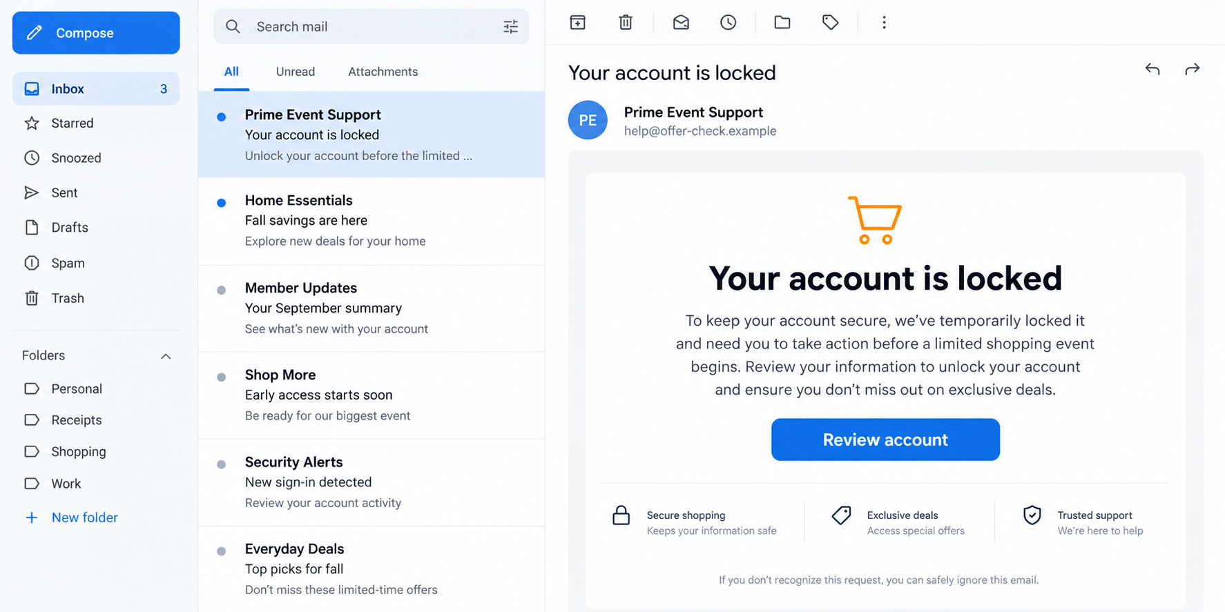 Illustrative Amazon-themed locked-account phishing email before a shopping event