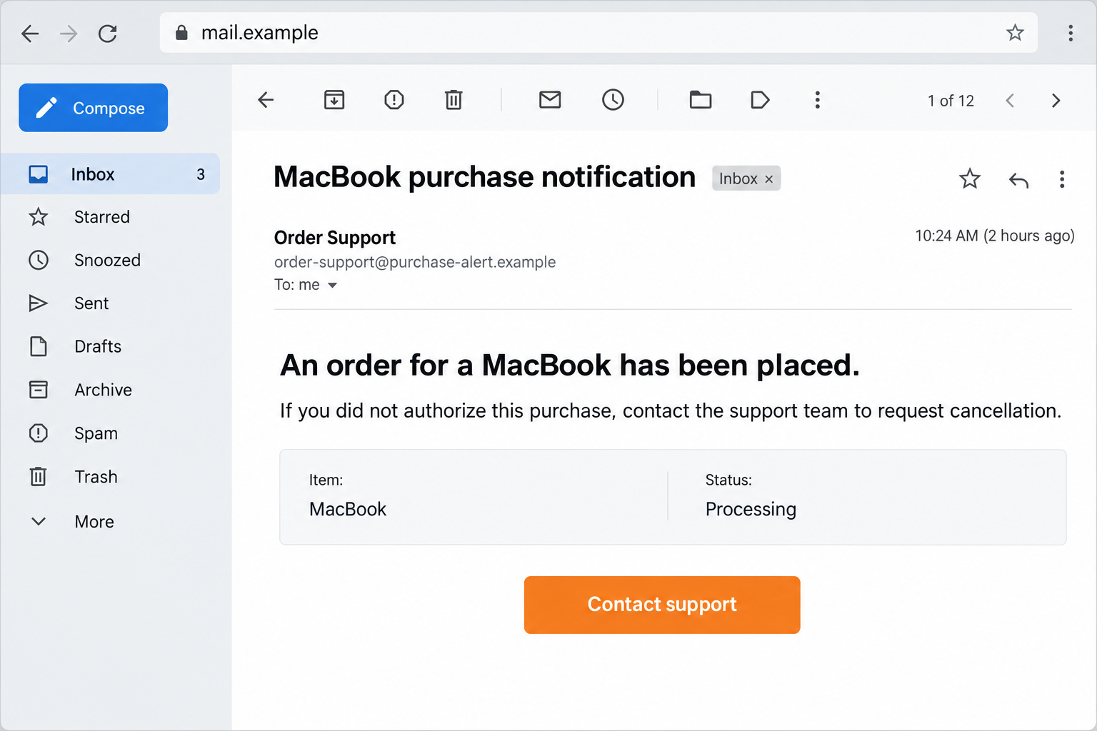 Illustrative MacBook order notification email with a nonfunctional example sender address
