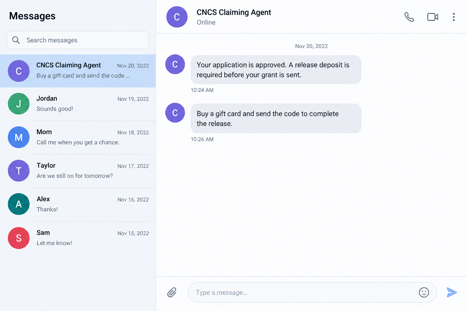 AmeriCorps Grant Scam: Fake CNCS Lists and Agents Demanding Release Fees 2 Illustrative fictional CNCS claiming-agent chat demanding a release deposit and gift-card code before sending a grant