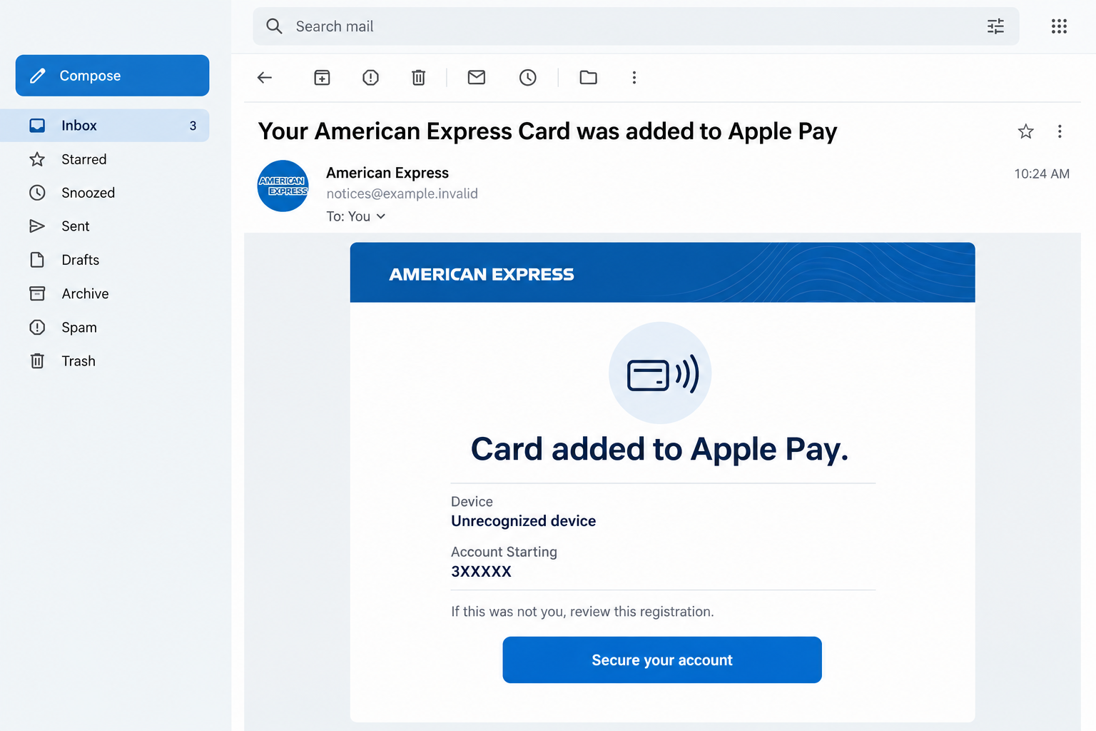 Illustrative American Express email claiming a card was added to Apple Pay and offering a security button