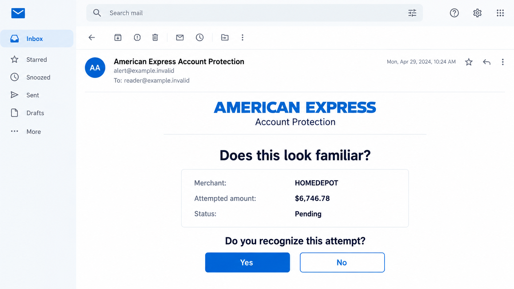 Illustrative American Express attempted charge email showing $6,746.78 at HOMEDEPOT with Yes and No buttons