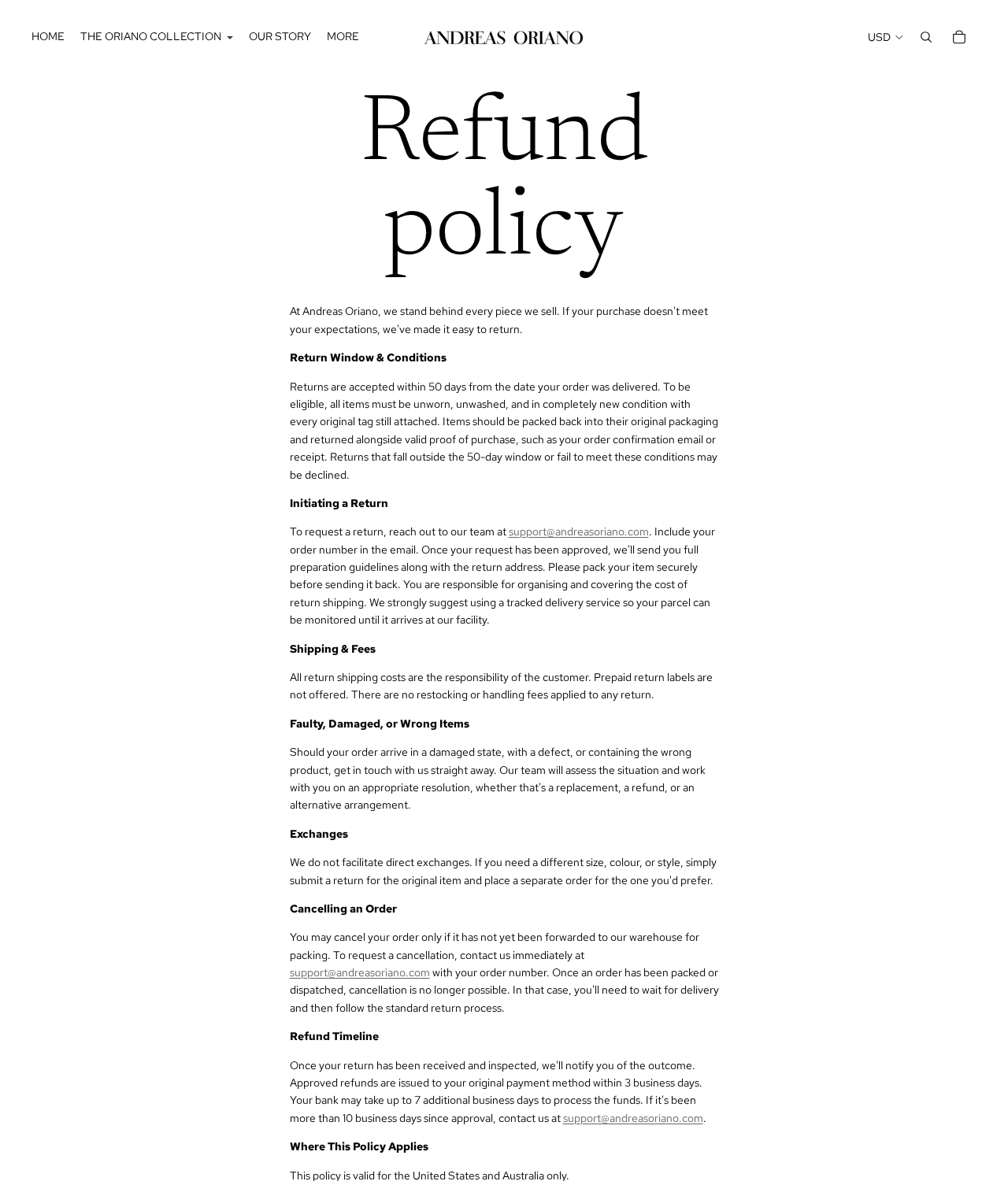 Andreas Oriano EXPOSED: Dress Quality, Delivery Claims and Return Costs 2 Andreas Oriano refund policy detailing 50-day eligibility, customer-paid postage, no direct exchanges and cancellation conditions