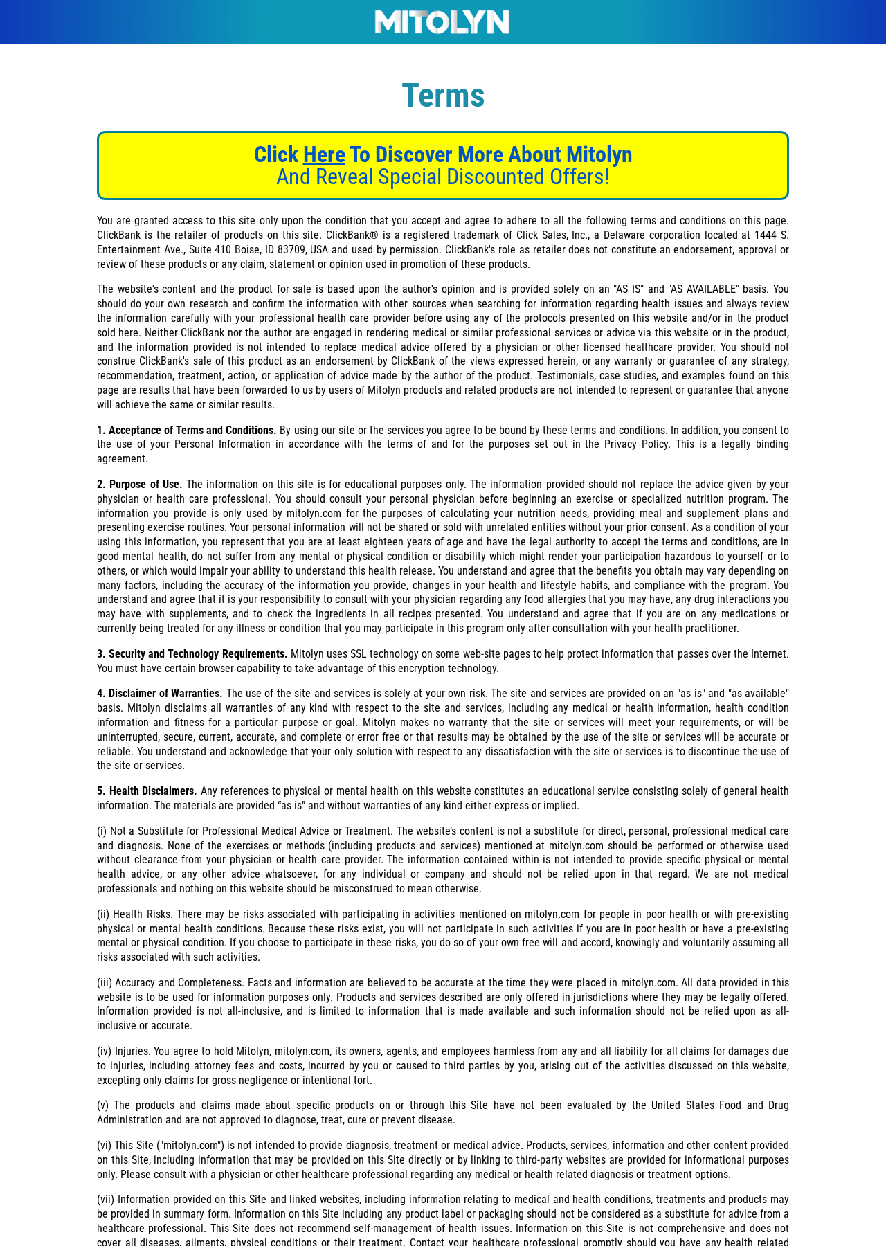 Mitolyn terms page showing retailer information and health disclaimers