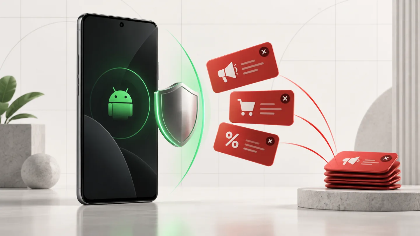 Illustration of an Android phone separating browser popups, site notifications, and app overlays