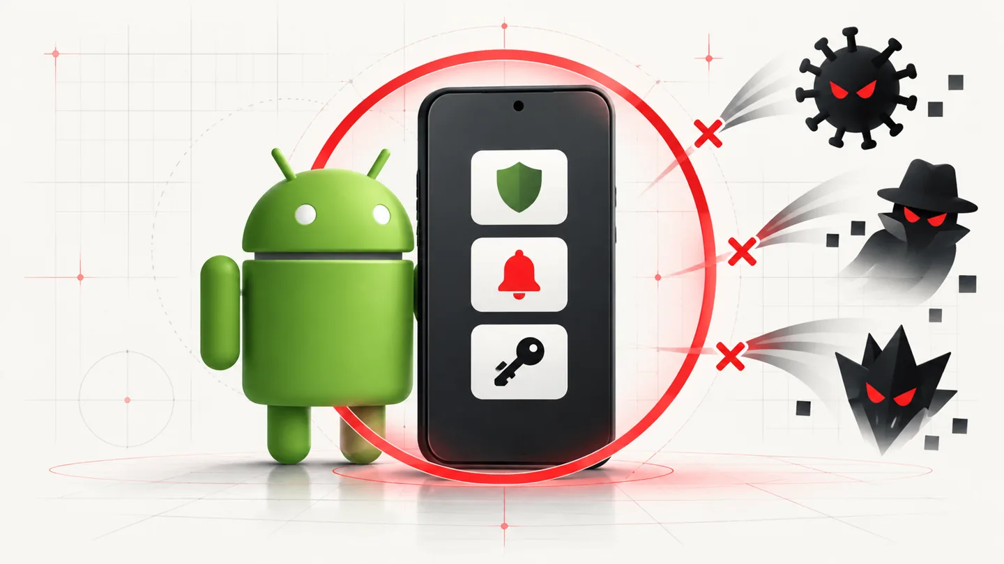 Illustration of Android app permissions and malware checks protecting personal information