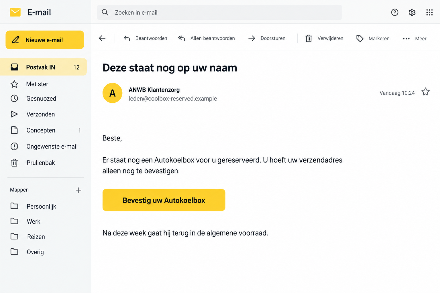 Illustrated ANWB impersonation email offering a reserved Autokoelbox with a confirmation button