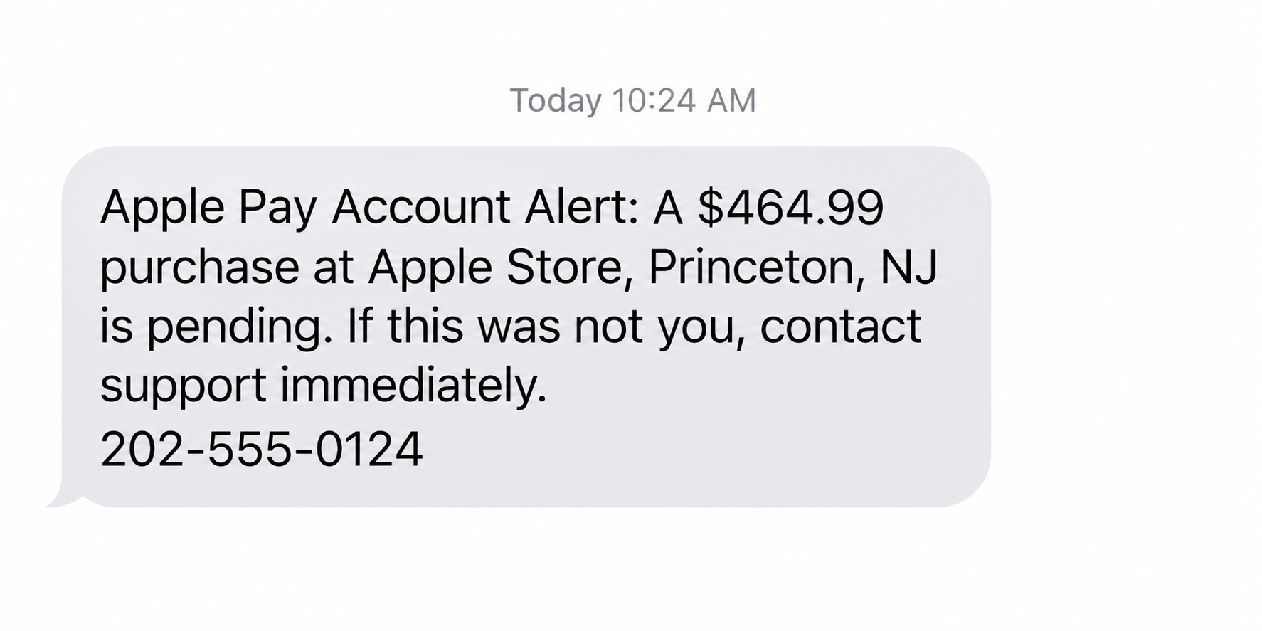 Illustrative reconstruction of an Apple Pay account alert scam text about a $464.99 charge
