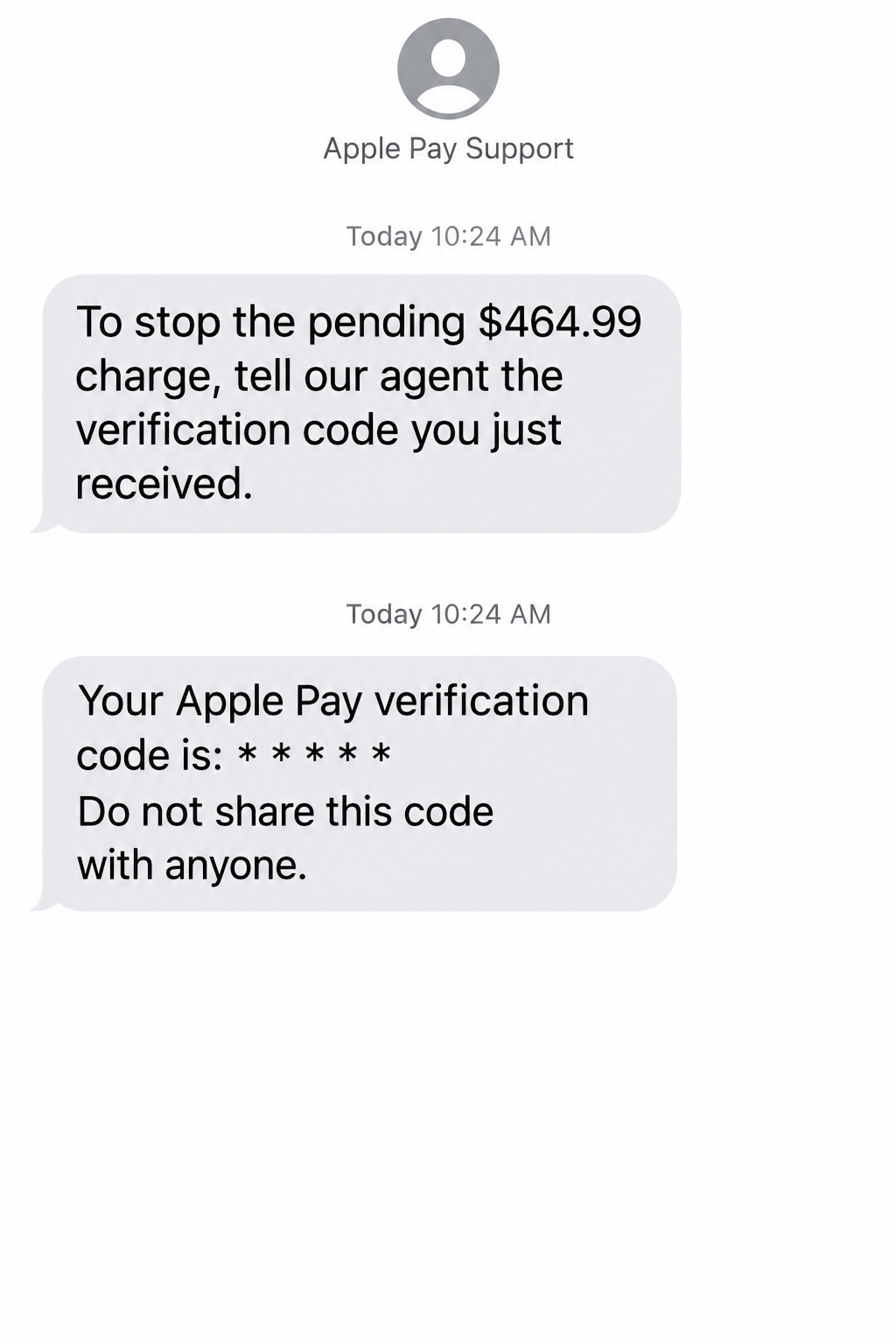 Illustrative possible follow-up text asking for an Apple verification code, not a captured message