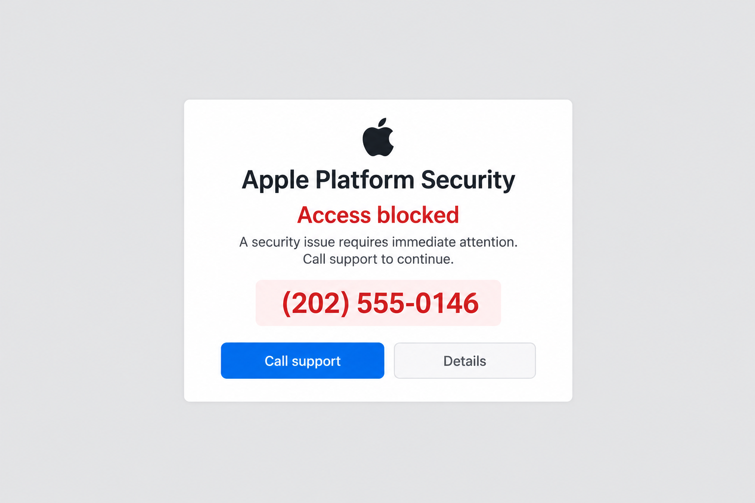 Invented Apple Platform Security callback alert with a fictional reserved phone number and no physical device