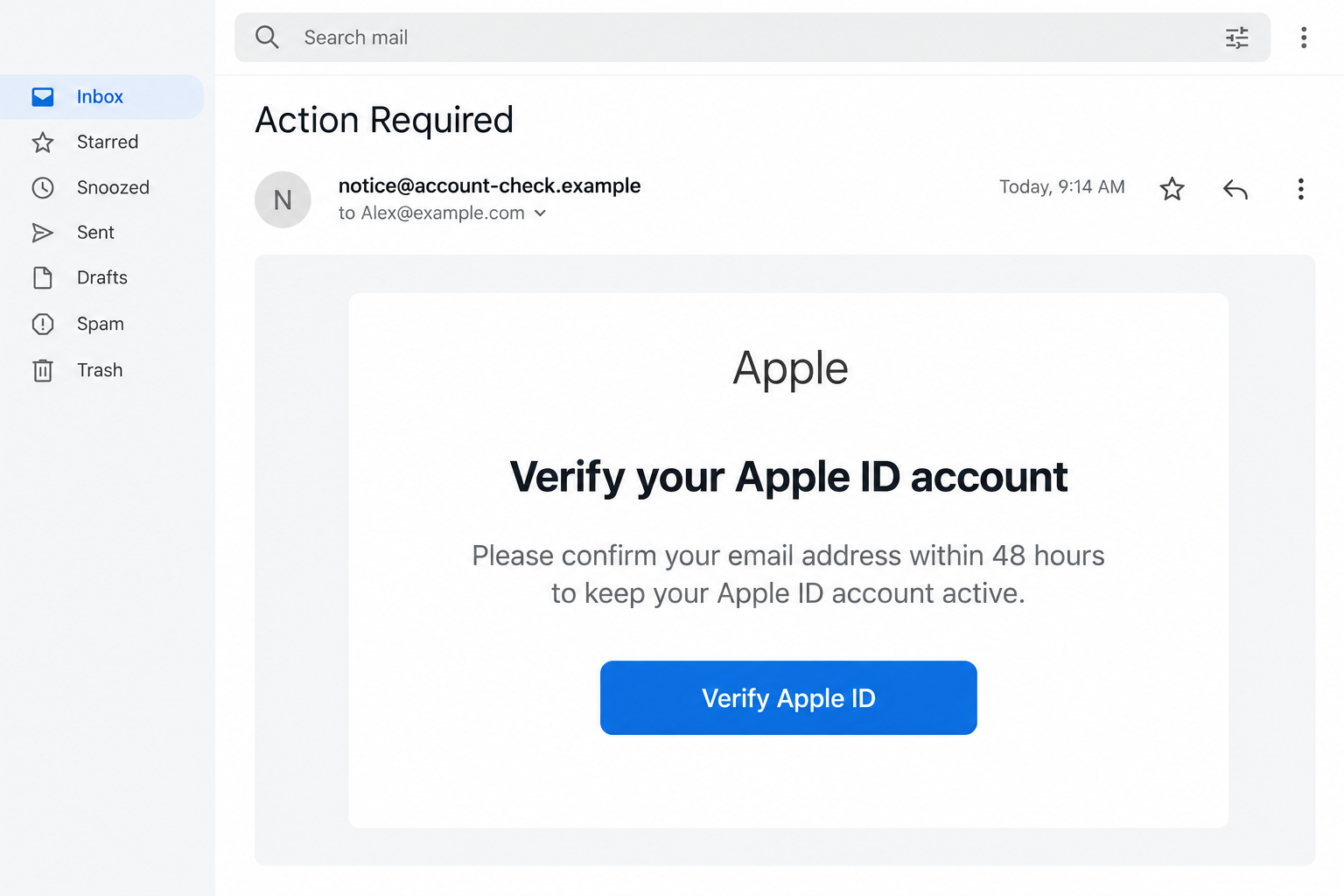 Original illustrative Apple ID verification email with a 48-hour warning and fictional example sender, not an authentic Apple notice
