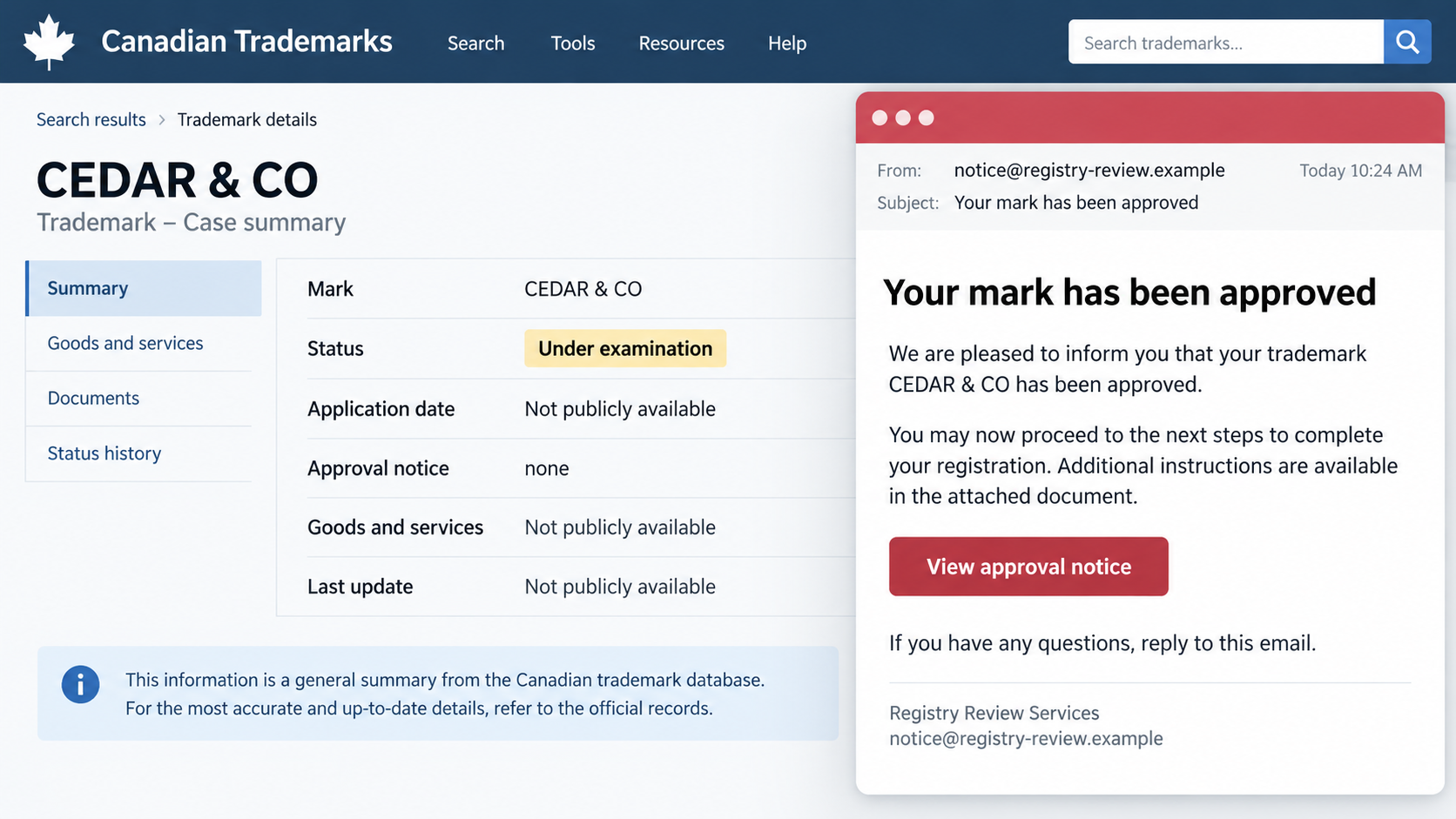 Fake CIPO Trademark Approval Email Exposed: How to Check the Notice Safely 2 Illustrative comparison of a trademark database record with an approval claim