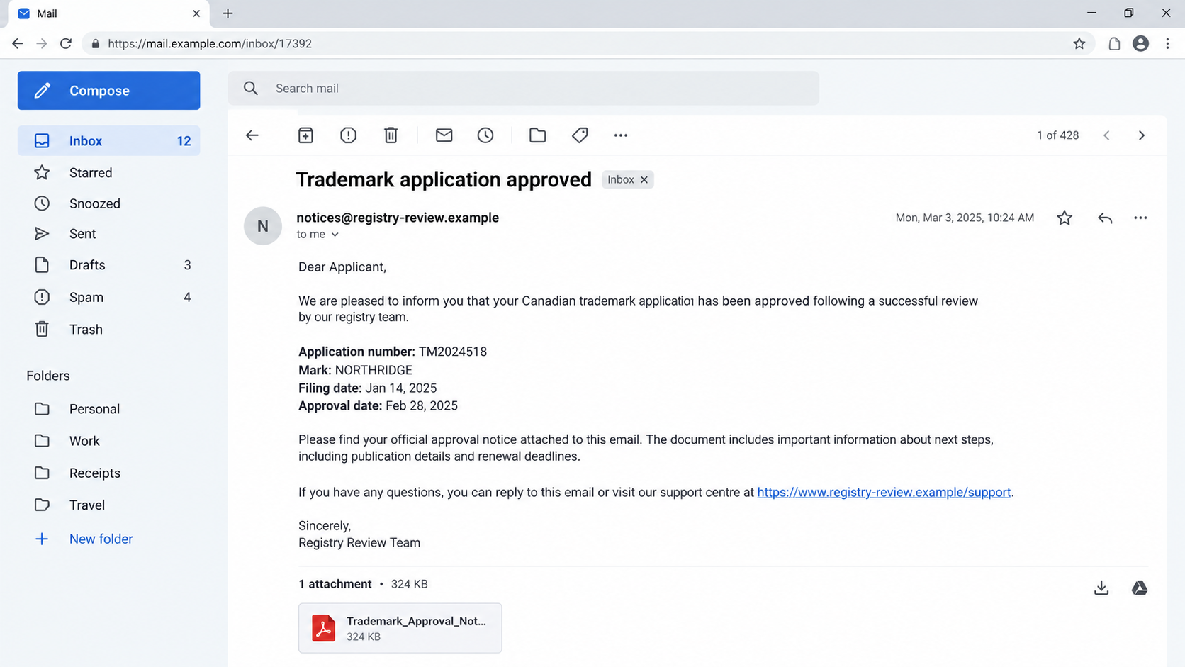 Fake CIPO Trademark Approval Email Exposed: How to Check the Notice Safely 1 Illustrative suspicious trademark approval email in an unbranded inbox