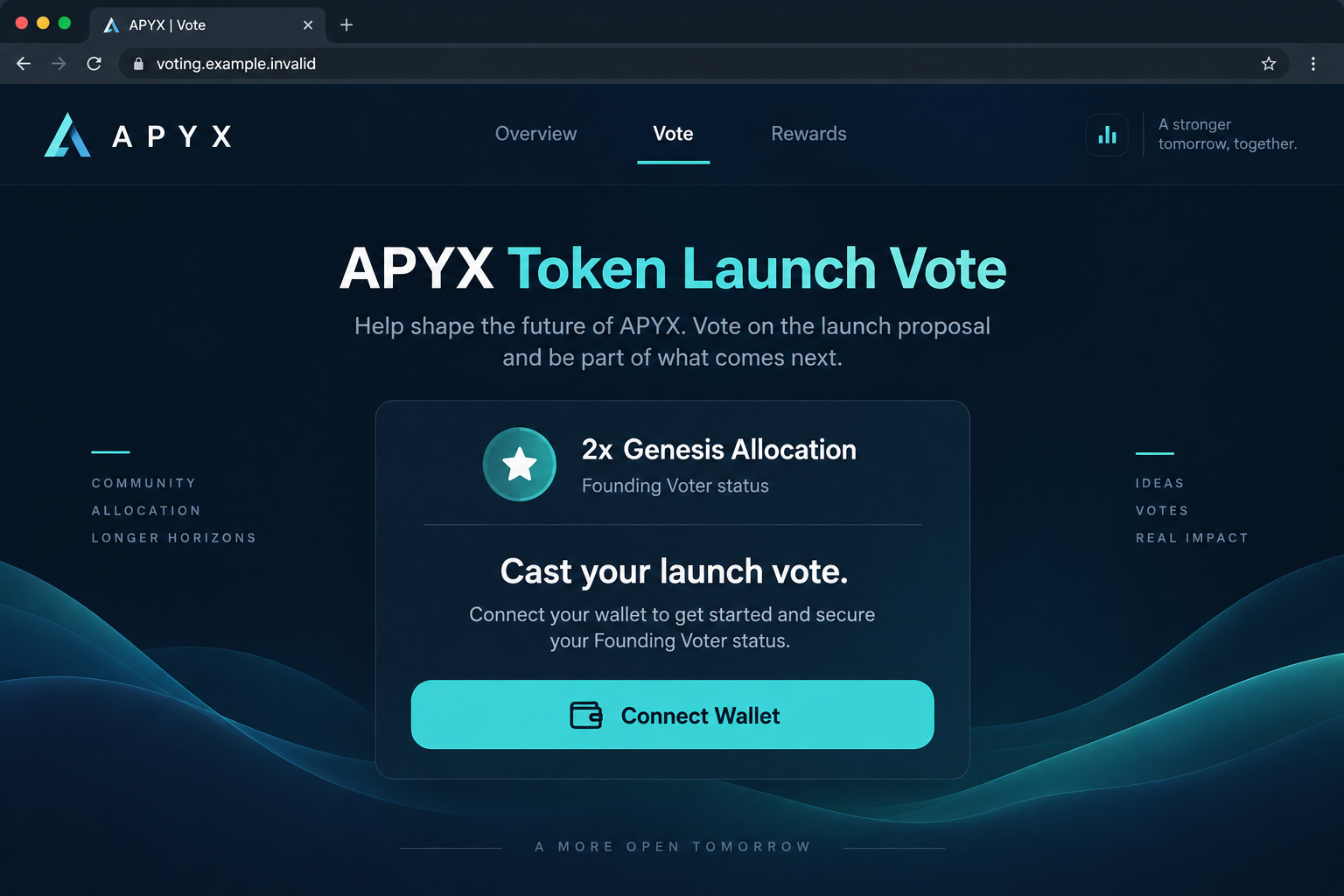 Illustrative APYX token launch voting page promising a two-times allocation and Founding Voter status
