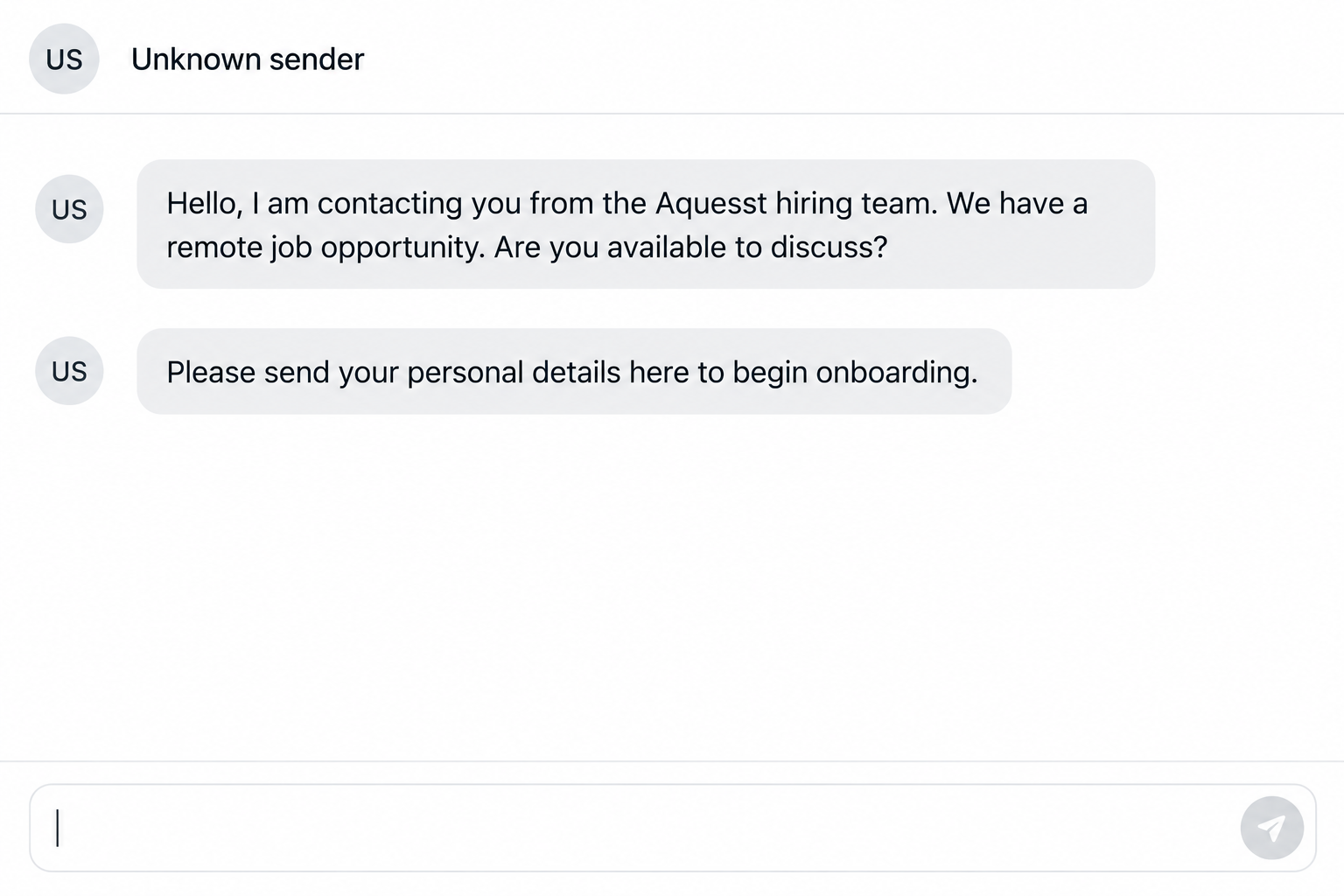 Illustrative Aquesst hiring team impersonation message asking for personal details, not an original recruiter conversation