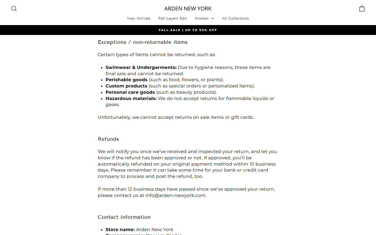 Arden New York Review: Sale-Item Returns and Dutch Ownership Explained 2 Arden New York refund policy stating that sale items cannot be returned