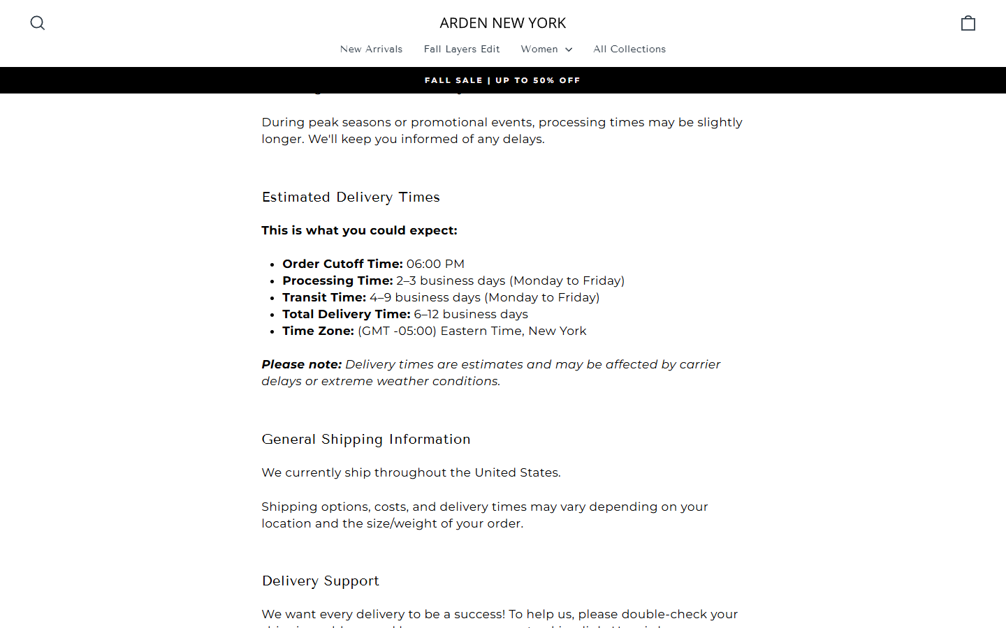 Arden New York Review: Sale-Item Returns and Dutch Ownership Explained 3 Arden New York shipping policy with processing and transit estimates