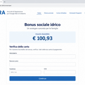 Illustration of a fake ARERA water bonus page displaying €100.93 and requesting card verification