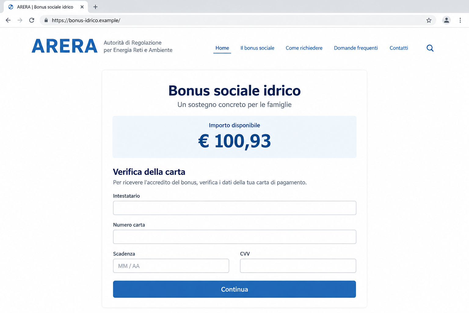 Illustration of a fake ARERA water bonus page displaying €100.93 and requesting card verification