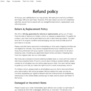 Arovya refund policy describing the authorized overseas return warehouse