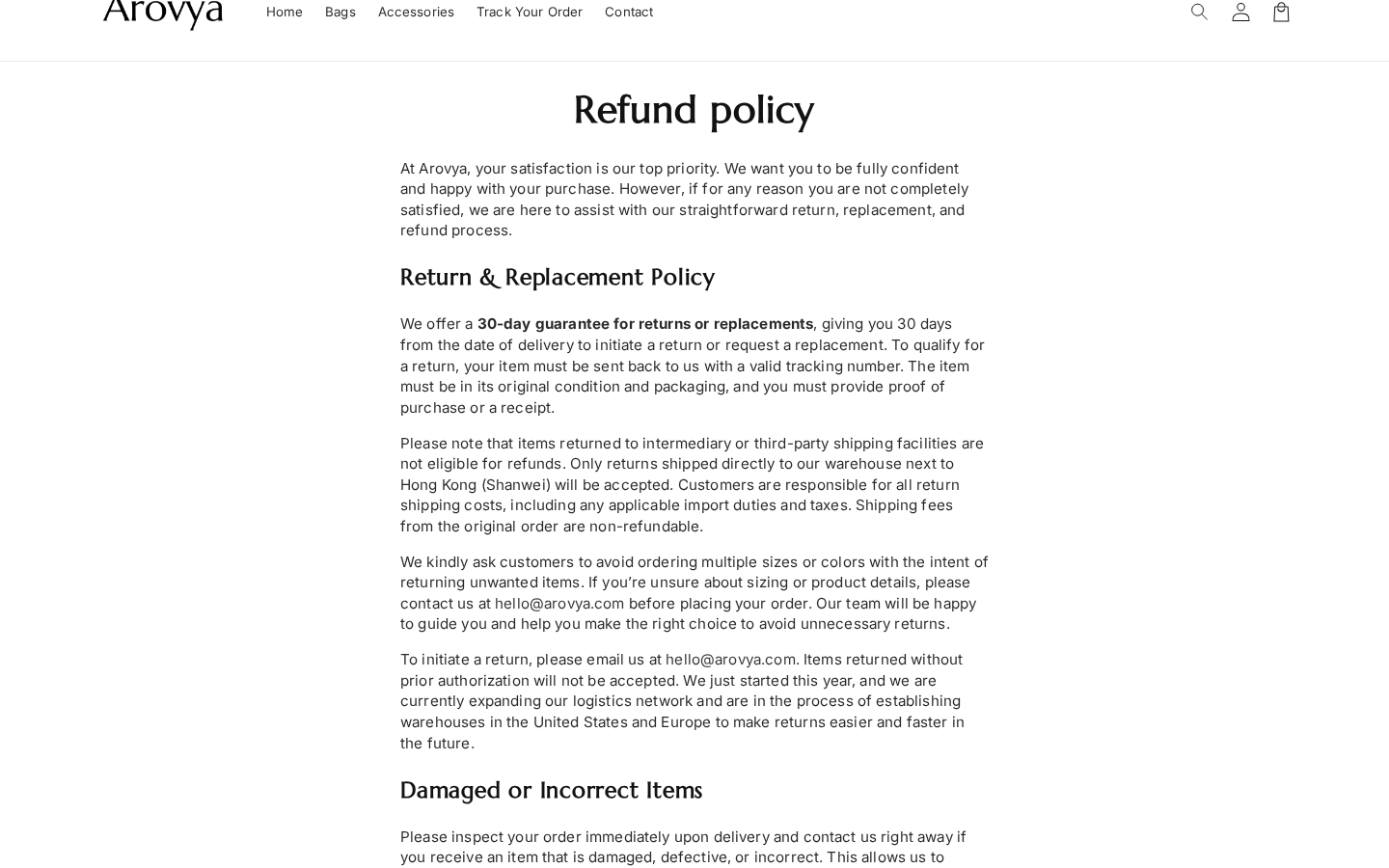Arovya Bags Reviews: China Returns, Contact Details and Buyer Risks Exposed 1 Arovya refund policy describing the authorized overseas return warehouse