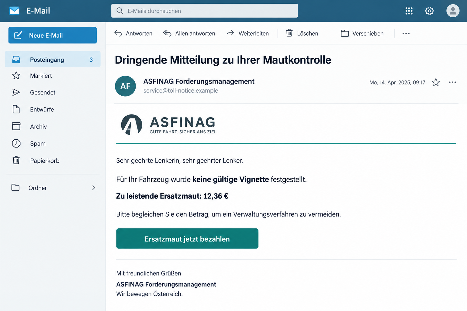 Illustrated ASFINAG impersonation email claiming a missing vignette and a 12.36 euro replacement toll