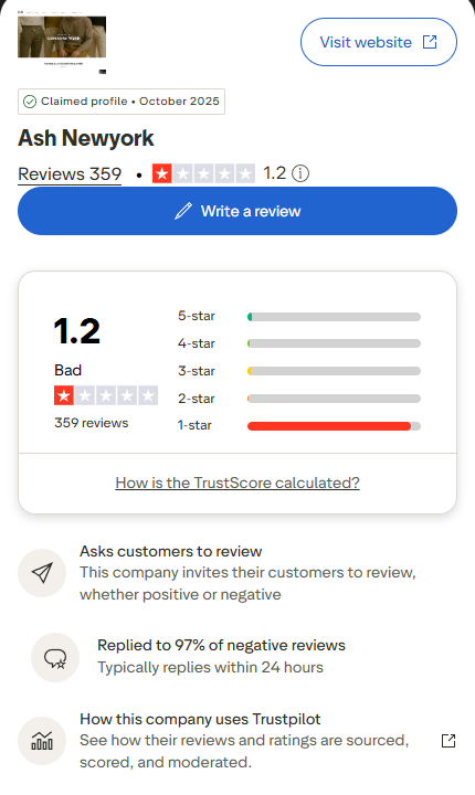 Ash New York public review profile showing its rating and review count