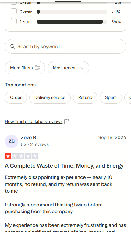 An Ash New York customer review describing a costly return and refund problem